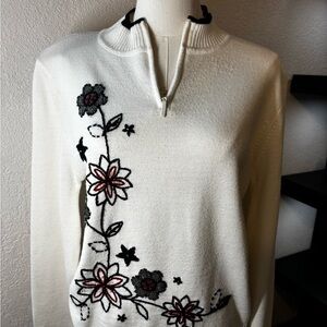 Alfred Dunner Black and White Cowl Neck Sweater with Floral Embroidery